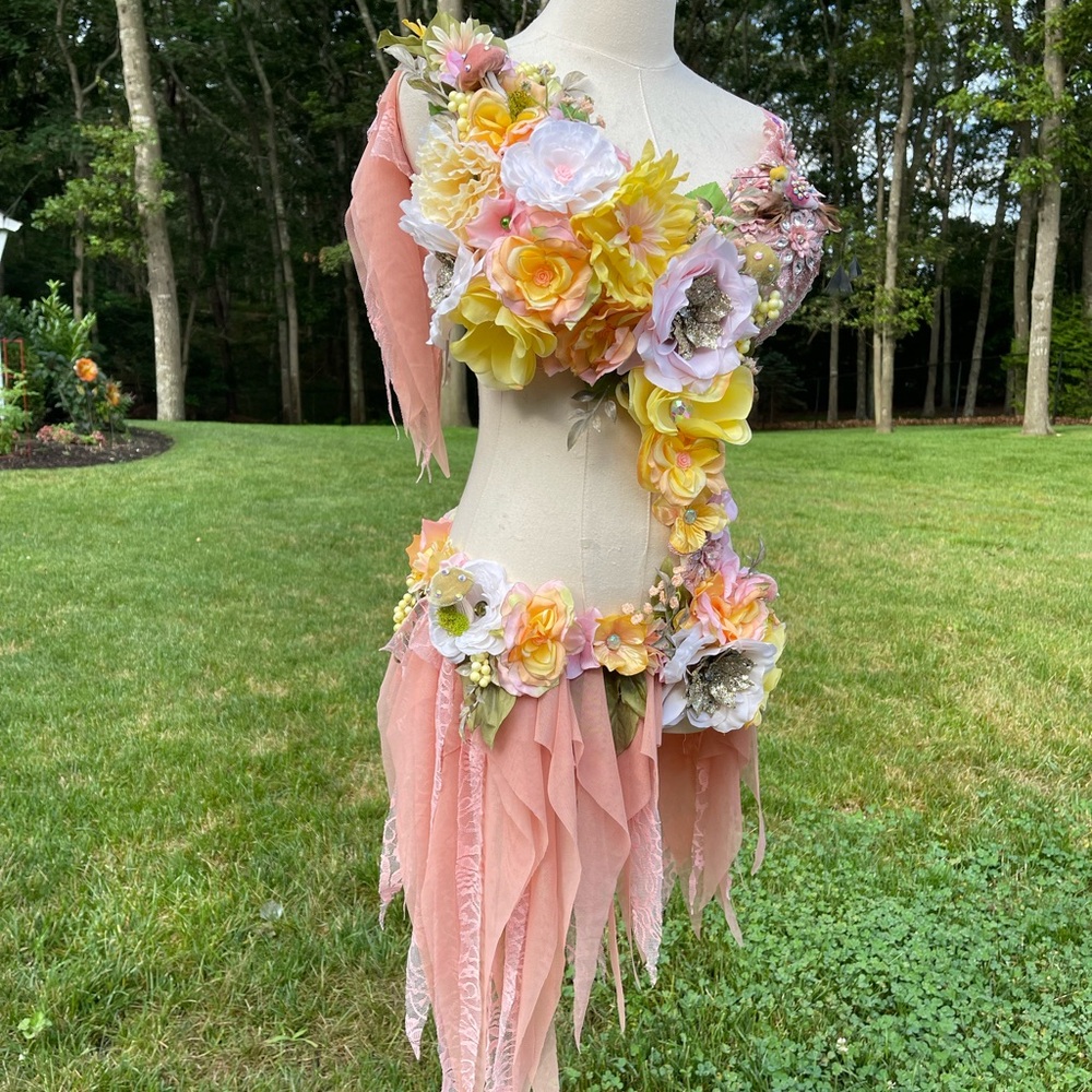 Floral Embellished Pink and Yellow Rose Fairy Monokini Dress Costume - Picture 2 of 8
